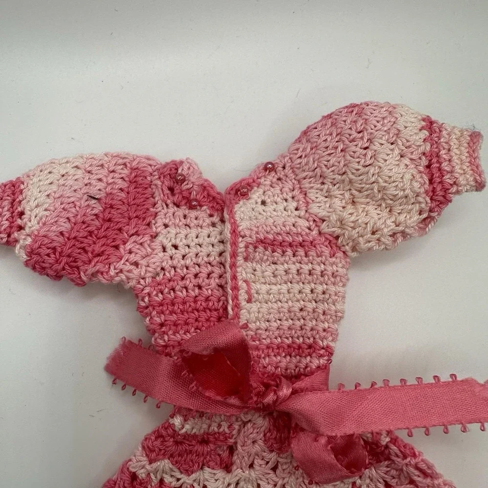 VTG Crochet Cotton Barbie Doll Dress Pink Variegated Ribbon Bead Knee‎ Length - Picture 5 of 5